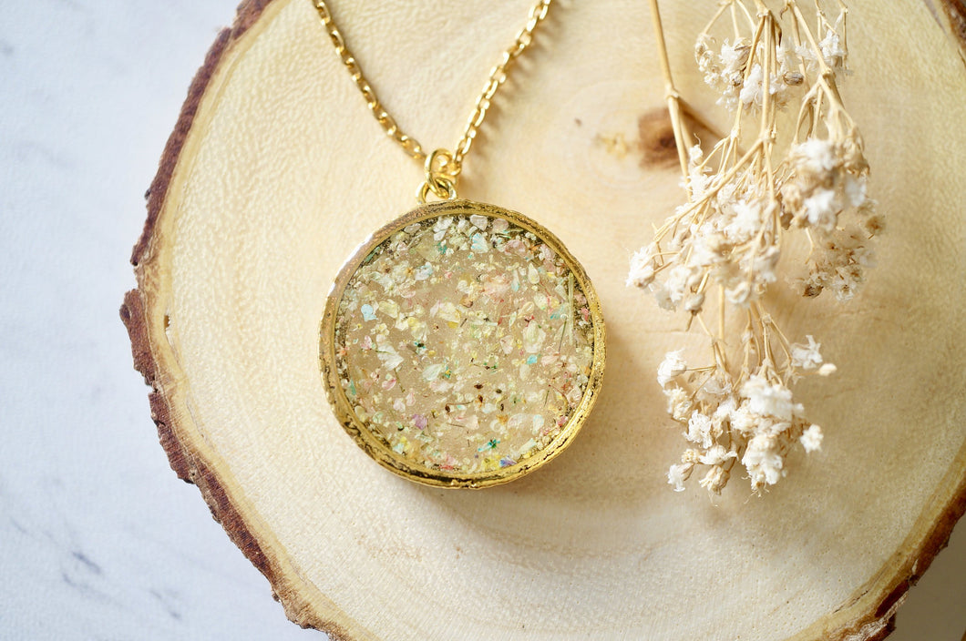 Real Dried Flowers in Resin, Gold Circle Necklace in Pastel Mix