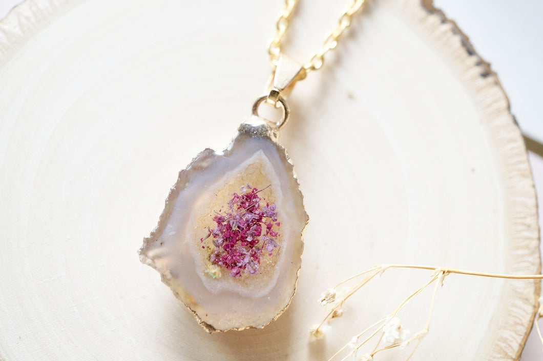 Real Dried Flowers and Resin Necklace, Ivory and Gold Druzy Geode in Purple and Magenta