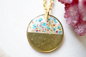 Real Pressed Flowers in Resin, Brass Circle Necklace in Teal Pink Yellow