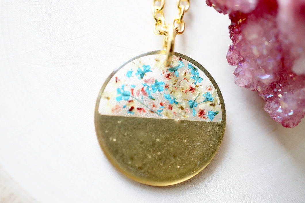 Real Pressed Flowers in Resin, Brass Circle Necklace in Teal Pink Yellow