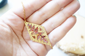 Real Dried Flowers in Resin, Gold Tribal Necklace in Red Mix
