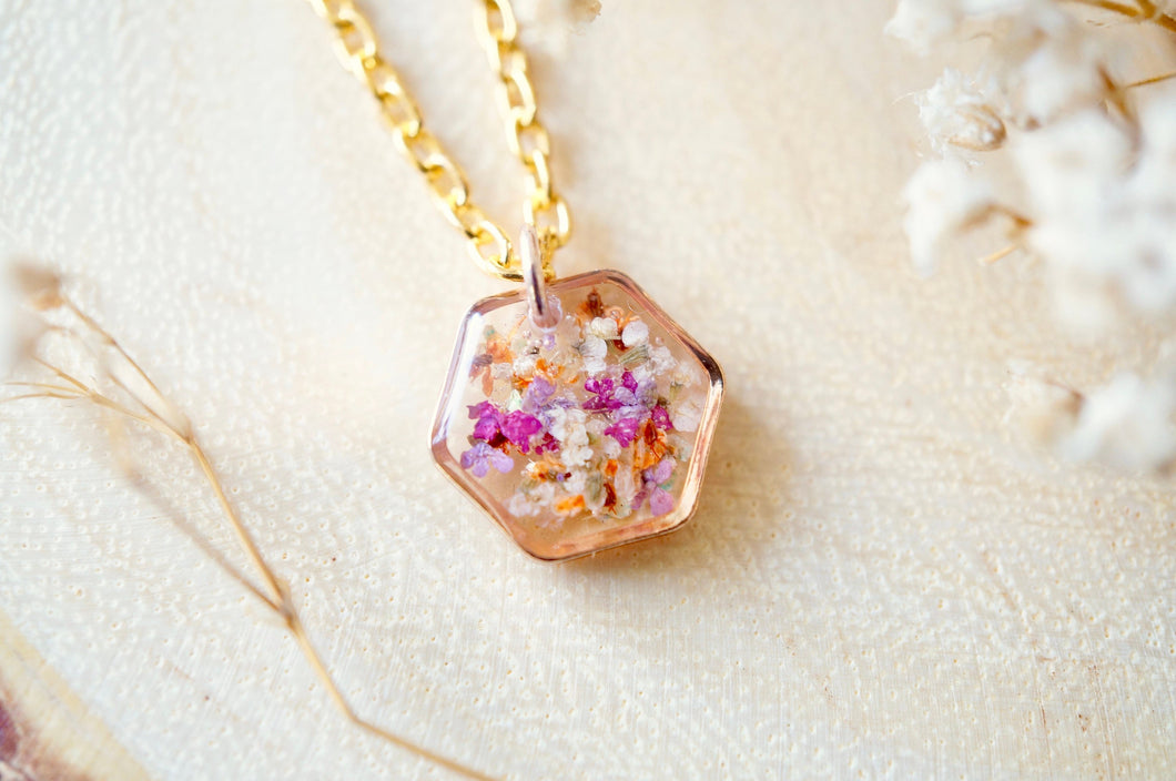 Real Pressed Flowers in Resin Necklace, Small Rose Gold Hexagon in Purple Pink Orange White