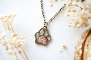 Real Dried Flowers in Resin Necklace, Dog Paw in Pink Yellow White