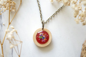 Real Dried Flowers in Resin Necklace, Wood Circle in Magenta and Party Mix