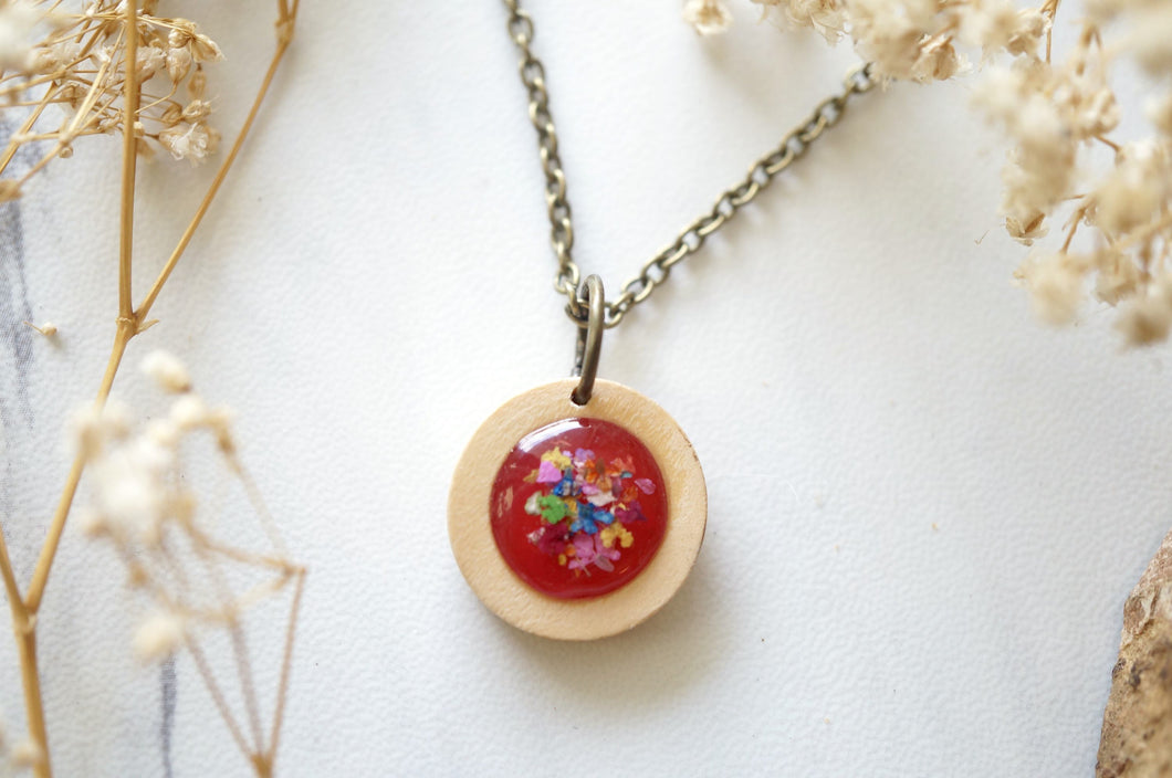 Real Dried Flowers in Resin Necklace, Wood Circle in Magenta and Party Mix