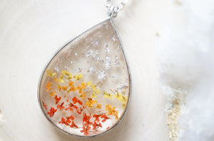 Real Pressed Flowers in Resin, Silver Necklace in Red Orange Yellow and Silver Foil Flakes