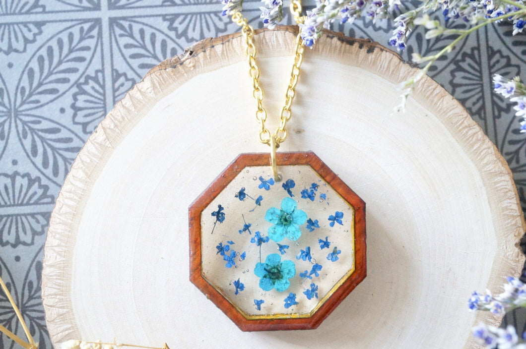 Real Dried Flowers and Resin, Real Wood Necklace in Blue and Teal