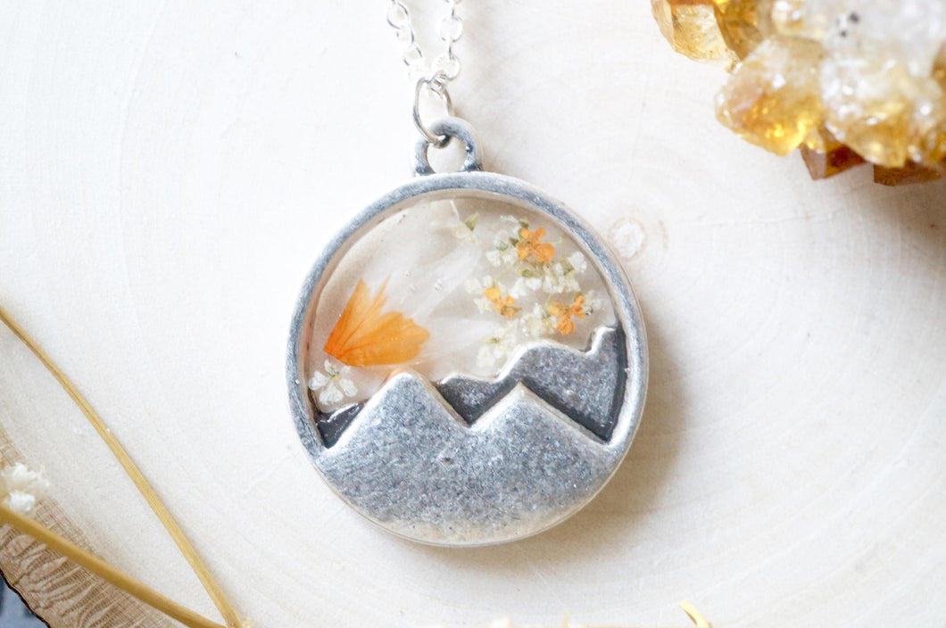 Real Dried Flowers in Resin, Silver Mountain Necklace in Orange and White