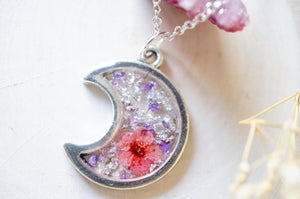 Real Dried Flowers and Resin Necklace, Silver Moon in Purple Pink and Silver Foil Flakes