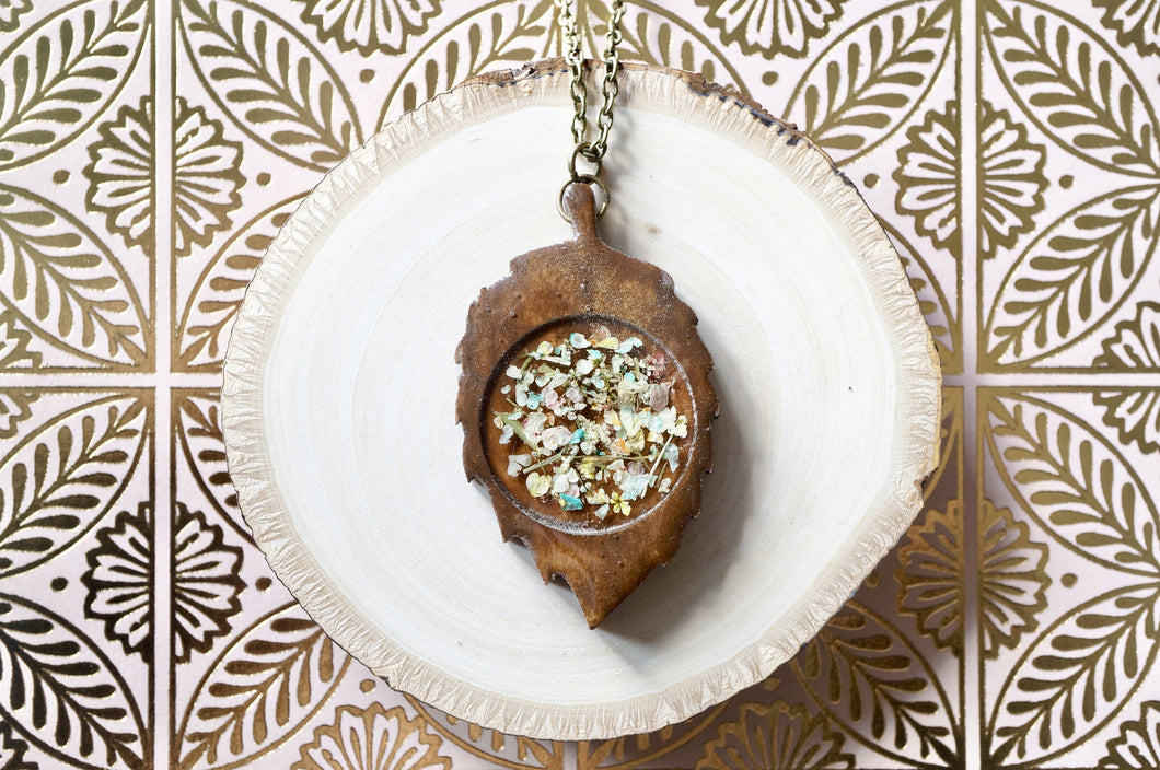 Real Dried Flowers and Resin Necklace, Real Wood Leaf in Pastel Mix