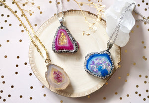Real Dried Flowers and Resin Necklace, Magenta Crystal Druzy Geode in Yellow and White