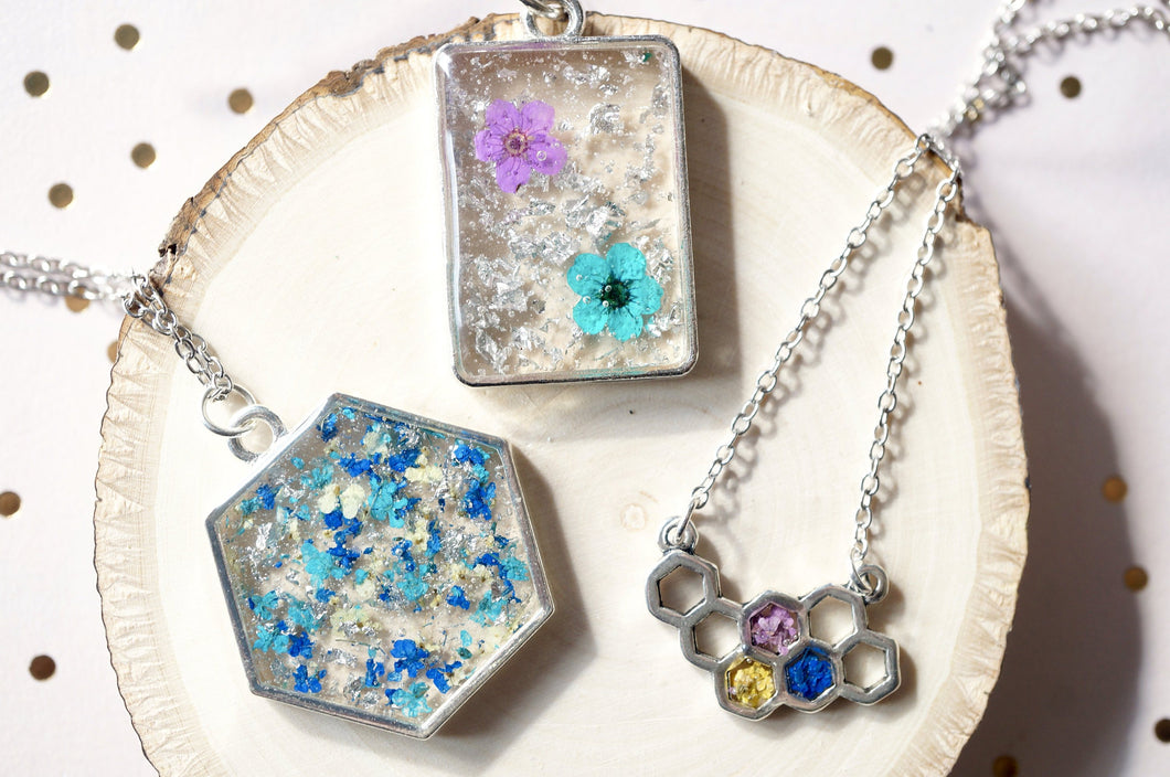 Real Dried Flowers in Resin Silver Hexagon Necklace in Blue Teal Green Silver Flake Mix