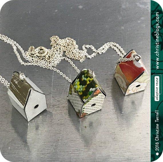 Tiny White Birdhouses Boho Upcycled Tin Necklace