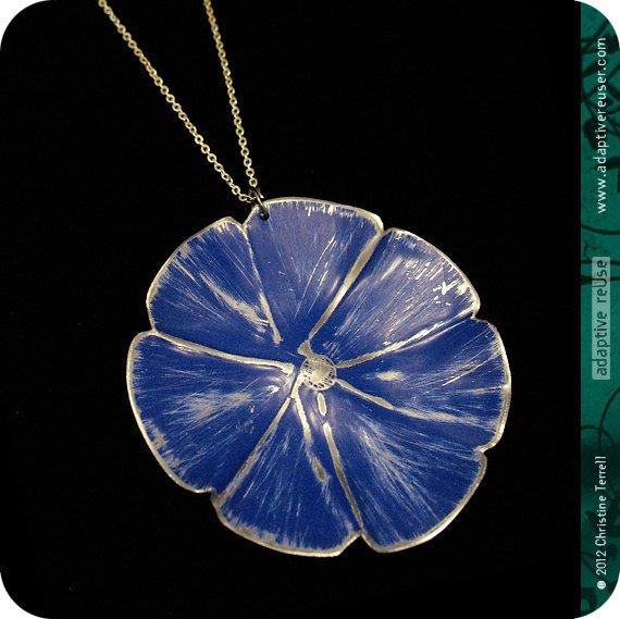 Deep Blue Flower Blossom Upcycled Tin Necklace