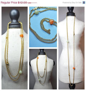 Vintage Sarah Coventry 1975 Nature's Treasure Necklace, 33" Long, Gold and Faux Jade Stones, Fancy Beads, Organic Simplicity! #a541