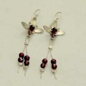 Long hook earrings, sterling silver  earrings, flower earrings, dangle earrings, garnet earrings, floral earrings - Hanging Orchid E7890A-2