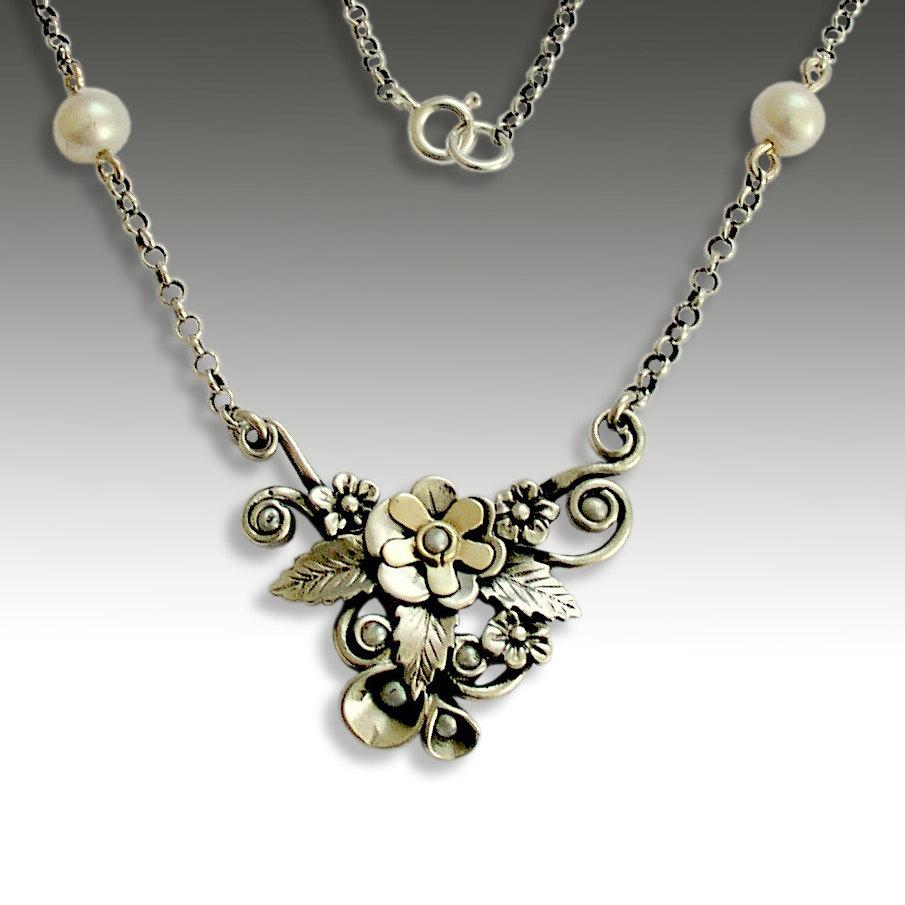 Leaves necklace, Sterling silver Necklace, gold and pearls necklace, silver gold necklace, floral necklace, pearls - Be there again N4633C