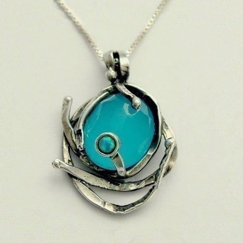 Blue quartz opal sterling silver necklace - You caught me N8916-1