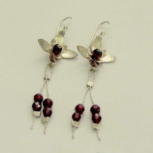 Flower earrings, small garnet earrings, Orchid flower earrings, long hook earrings, sterling silver earrings - Hanging Orchid E7890A-2
