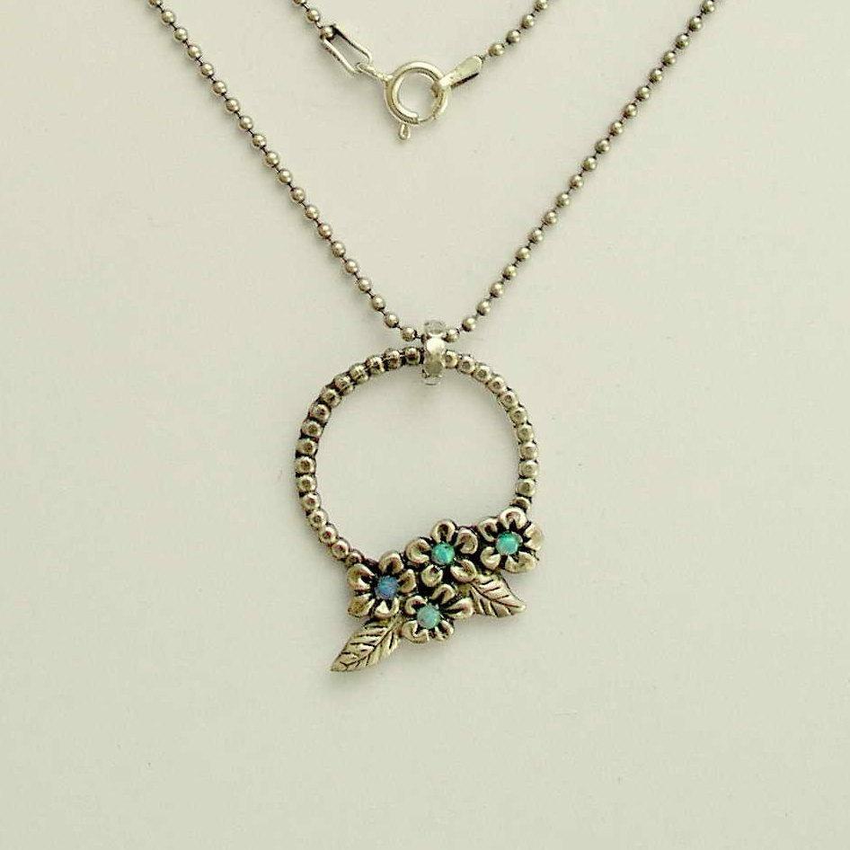 Floral pendant, flower necklace, sterling silver necklace, floral botanical necklace, blue opal stones necklace - Winds of change N4627A