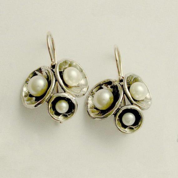 Pearl earrings, Sterling silver Earrings, dome cluster earrings, June birthstone earrings, bridal earrings, simple  - Pearl Clusters E2046