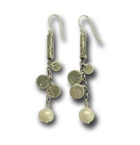 Pearl earrings, Long textured earrings, silver disc earrings, dangle earrings,drop pearl earrings, long silver earrings - Bubbles E7907B