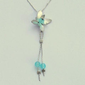 Blue quartz necklace, silver chain, long silver pendant, flower pendant, floral necklace, flower necklace, blue quartz - Hanging vine N8981