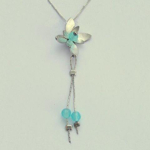 Long Silver Pendant, flower pendant, blue quartz necklace, silver chain, floral necklace, flower necklace, blue quartz - Hanging vine N8981