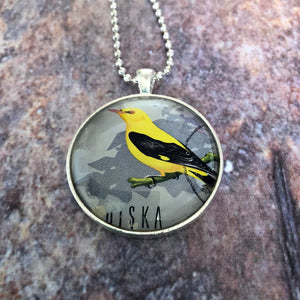 bird postage stamp necklace, vintage 1966 Polska