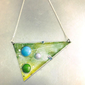 Three Tin “Stones” Set in Scuffed Green Triangle Tin Recycled Necklace