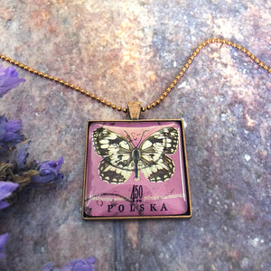 unisex butterfly pendant, vintage postage stamp jewelry, Polska 1967 necklace