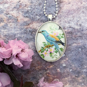 bird necklace, 1990 postage stamp pendant, upcycled vintage