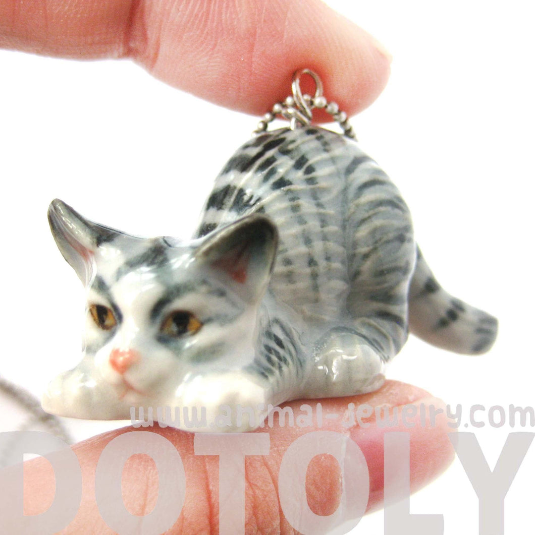Kitty Cat Porcelain Ceramic Animal Pendant Necklace with Playful Crouching Pose | Handmade