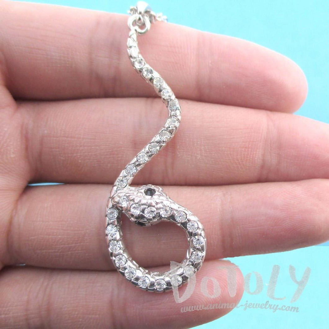 Large Dangling Snake Pendant Necklace in Silver with Rhinestones
