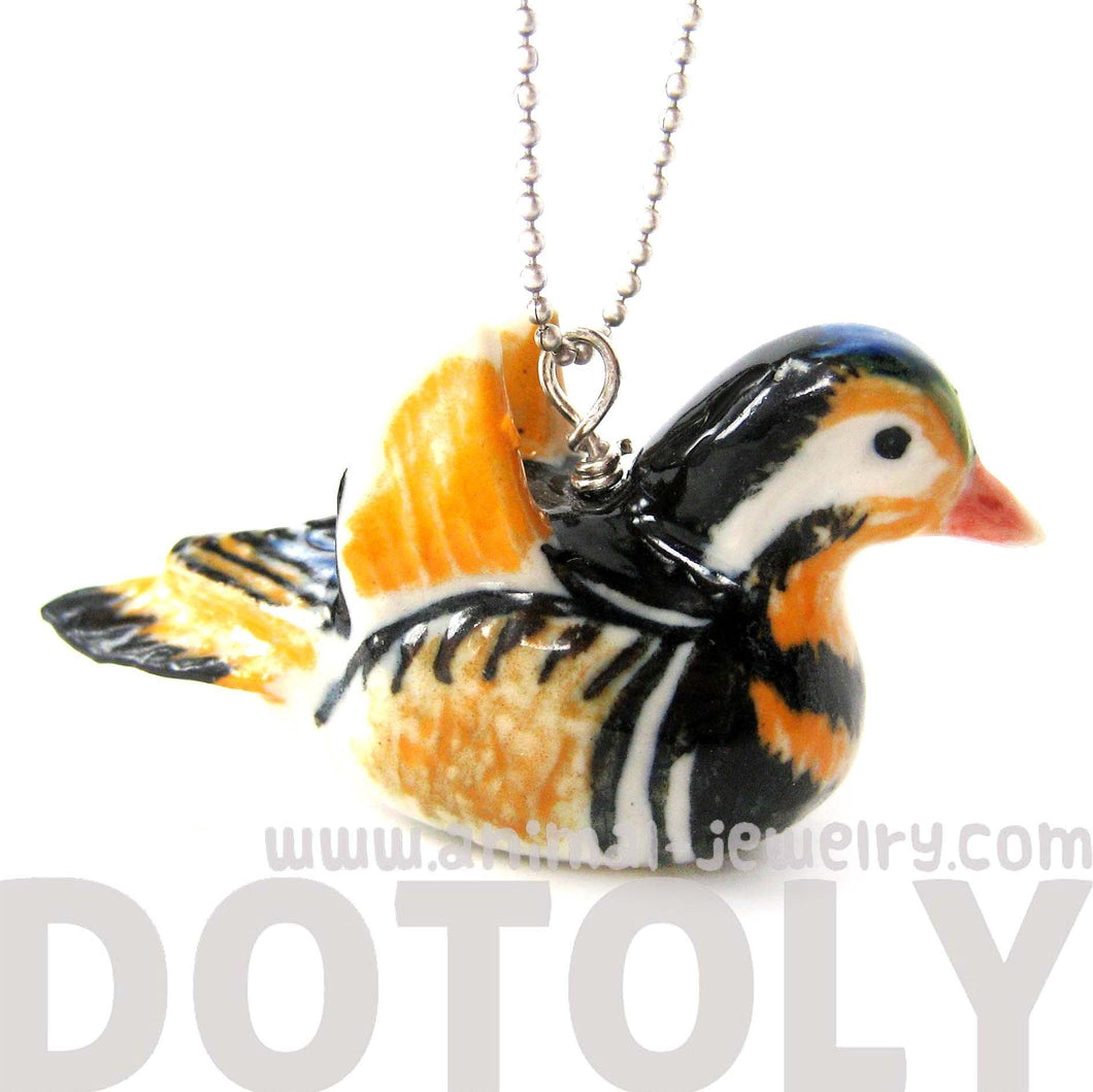 Mandarin Duck Bird Porcelain Ceramic Animal Pendant Necklace | Handmade