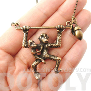 Mother and Baby Chimpanzee Monkey Swinging Shaped Animal Pendant Necklace in Bronze