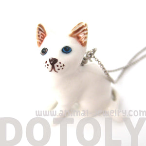 Multi Colored Odd Eyed White Kitty Cat Porcelain Ceramic Animal Pendant Necklace | Handmade