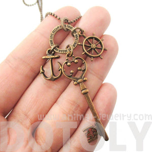Nautical Themed Anchor Helm and Skeleton Key Charm Necklace in Brass | DOTOLY