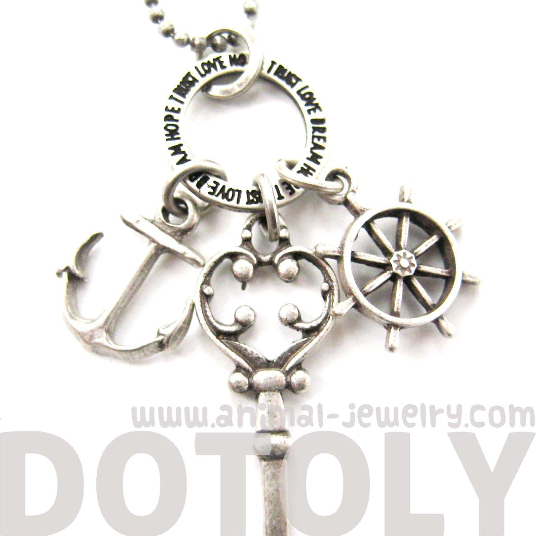 Nautical Themed Anchor Helm and Skeleton Key Charm Necklace in Silver DOTOLY