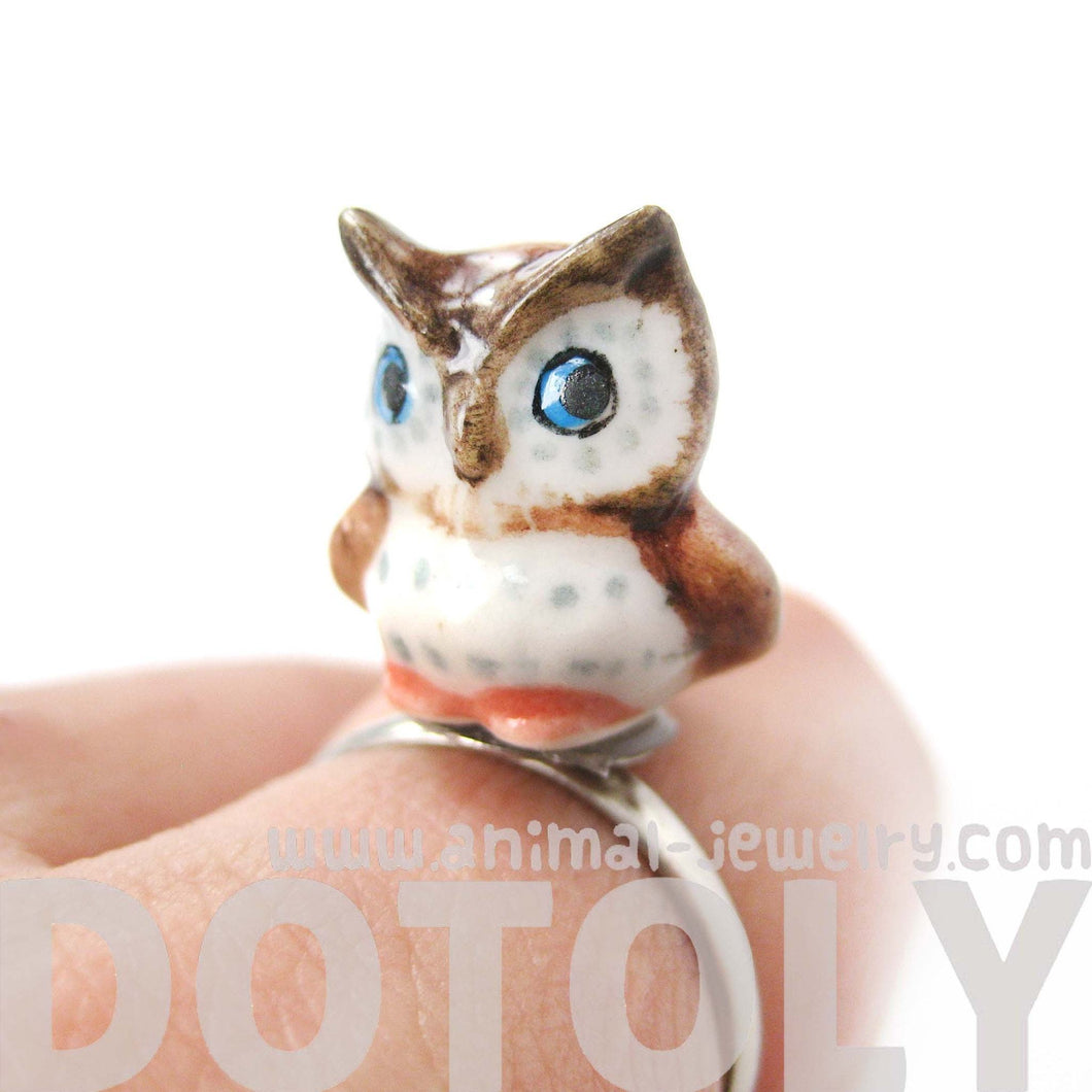 Porcelain Ceramic Adorable Owl Bird Animal Adjustable Ring | Handmade