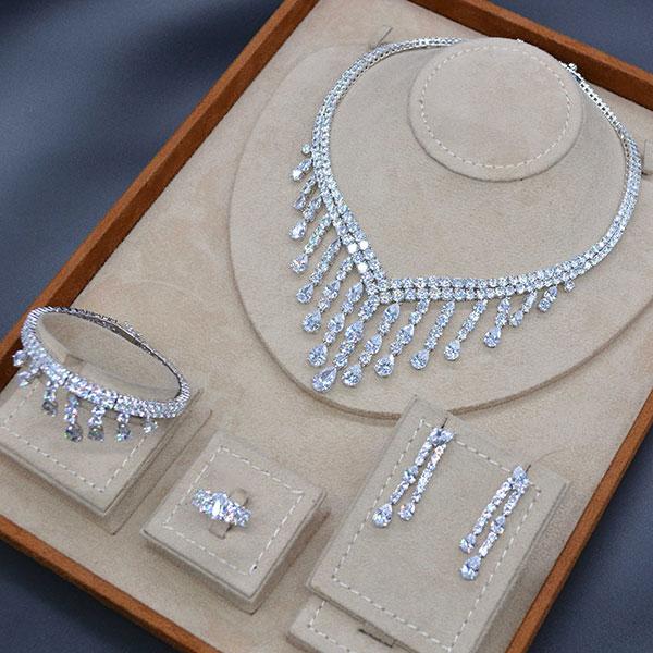 Long Tassel Drop 4PC Saudi Arabia Silver Jewelry Sets For Women Wedding Zircon Crystal CZ Indian Bridal Jewelry Set