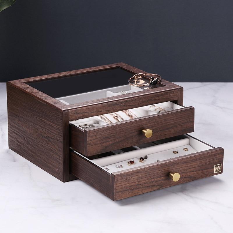 JTO 2019 Wooden jewelry box organizer With Drawer Glass Display Earring Ring Necklace Organizer Women Jewellry Display Box