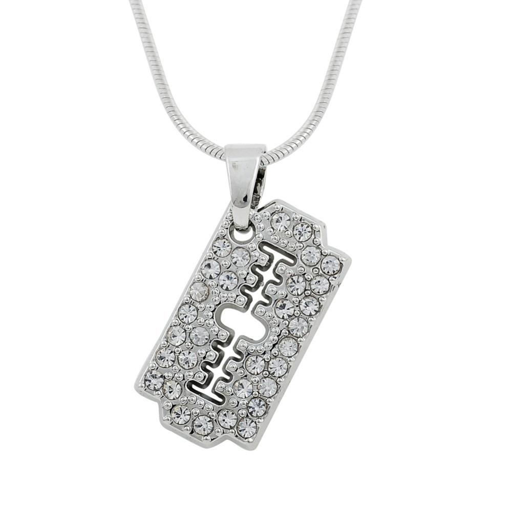 Jewelry Polished Zinc Alloy Silver Plated Razor Blade Brushed Pendant Snake Chain Necklace-0411