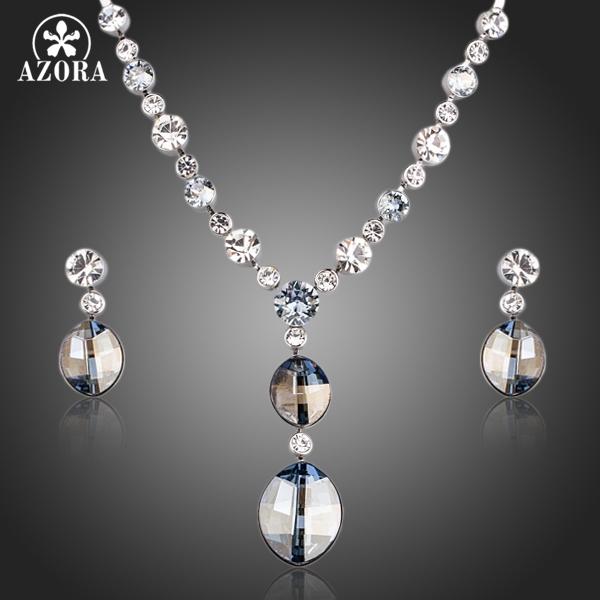 AZORA Simple Design Ellipse Stellux Austrian Crystal Pendant Necklace and Drop Earrings