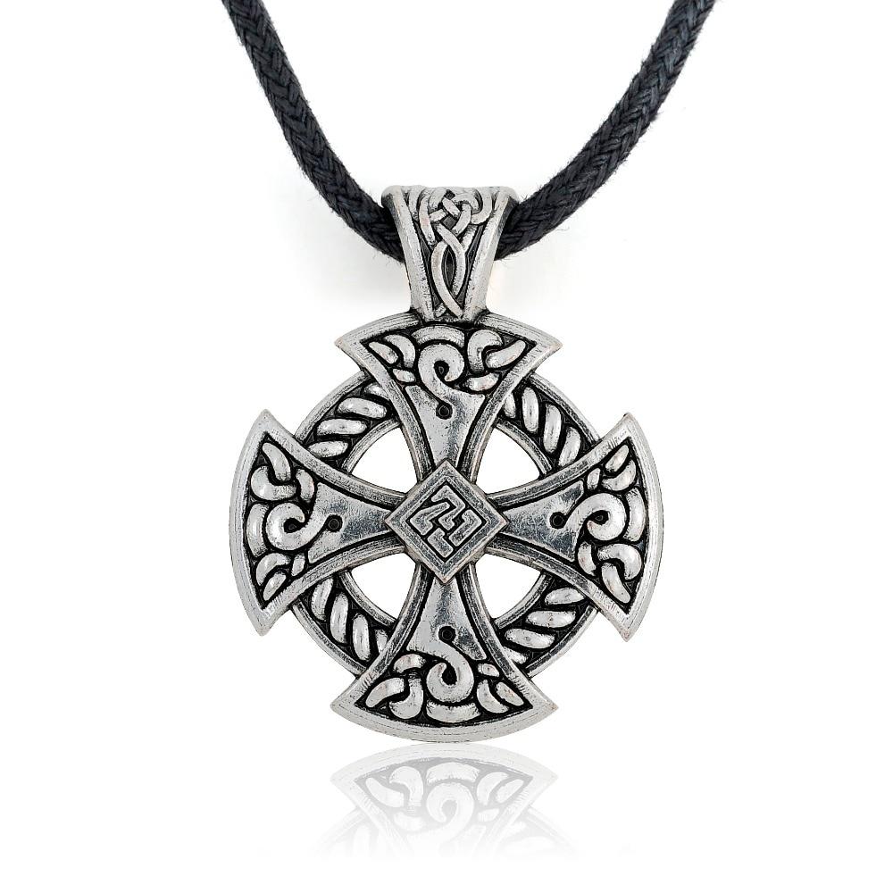 My Shape Cross Viking Shield Pendant Necklace Jewelry Tibetan Silver Solar Cross Knot Religious Christian Irish Druid Leather