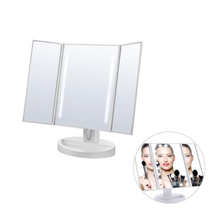 Vanity Makeup Mirror Trifold 21 LED Lighted with Touch Screen 1x/2x/3x Magnification and USB Charging 180°Adjustable Stand for Countertop Cosmetic Makeup