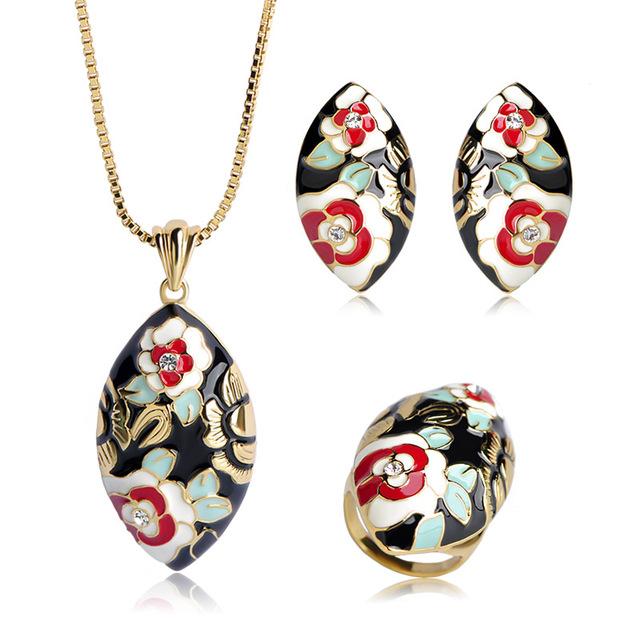 Blucome High Quality Big Pendant Necklace Earrings Ring Set White Red Enamel