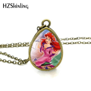 The Little Mermaid Pendant Necklace Tear Drop Pendants Glass Dome Jewelry Ariel Princess Necklaces Gifts Girl Child