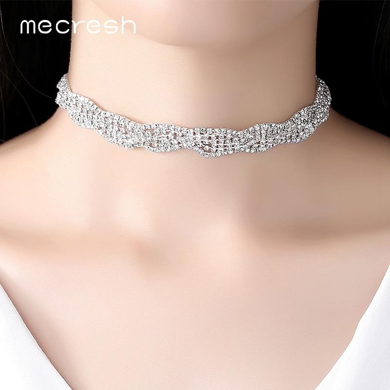 Mecresh Simple Silver Color Crystal Princess Choker Necklace Rhinestone Best Friends Collar Necklace Christmas Jewelry MXL130