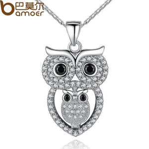 BAMOER Vintage Double Owl Pendant Necklace with AAA Austrian Zircon  White Gold Color